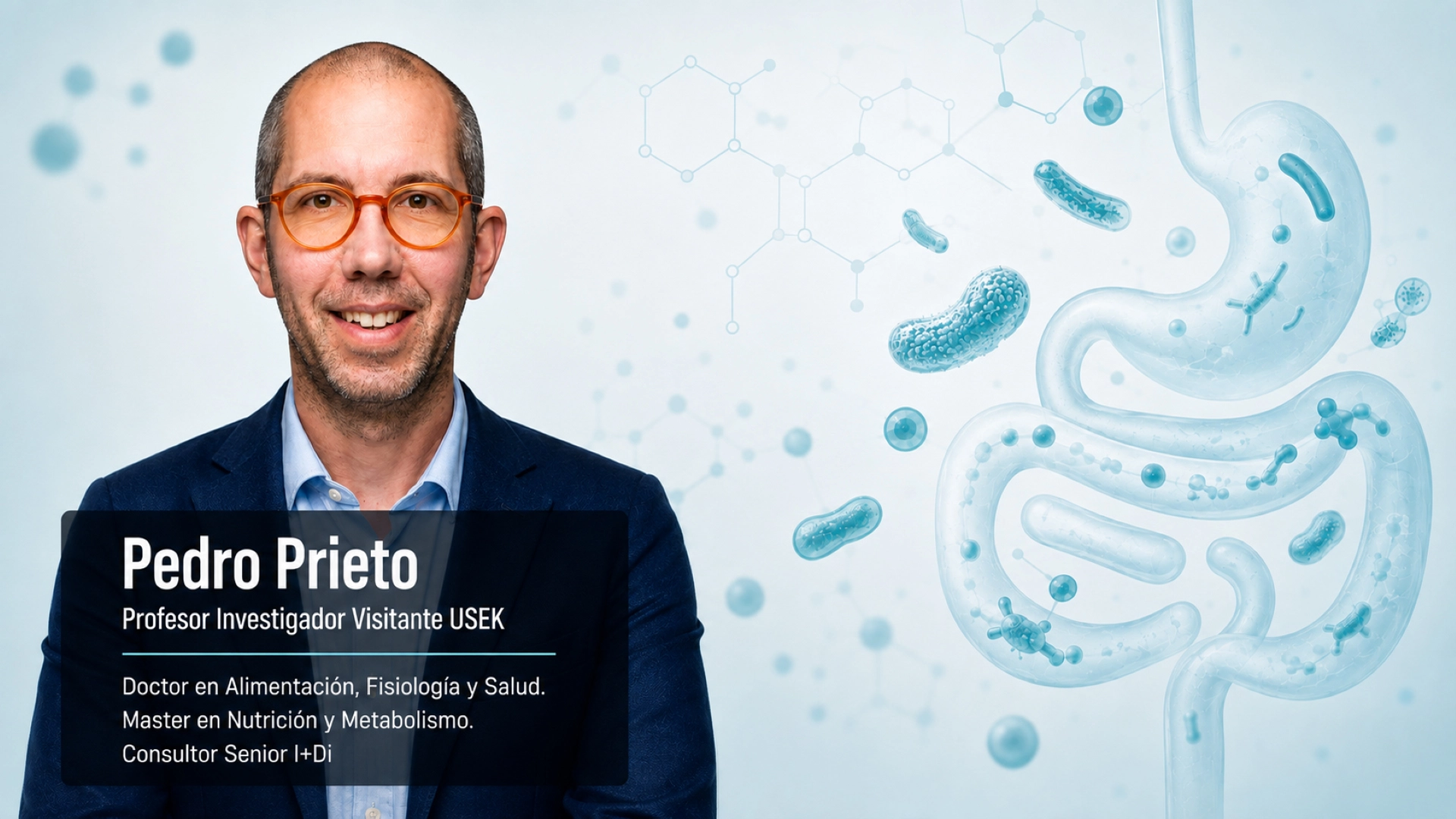 Pedro Prieto, profesor investigador visitante de Universidad SEK, junto a una representación gráfica de la microbiota intestinal.